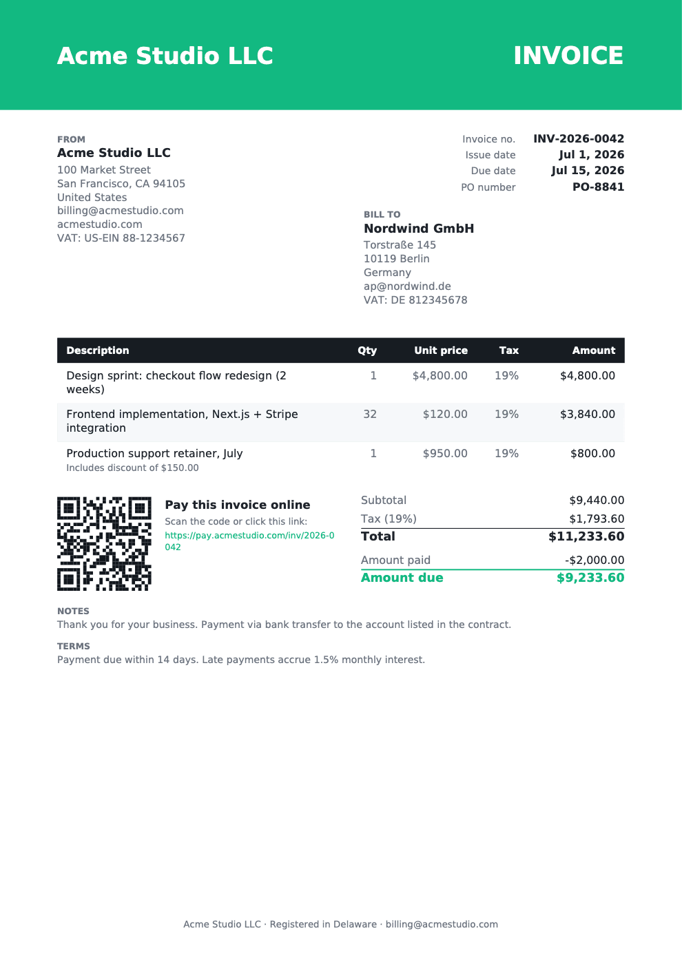Bold invoice template rendered by Papermint