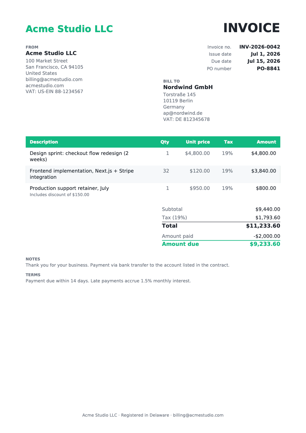 Clean invoice template rendered by Papermint